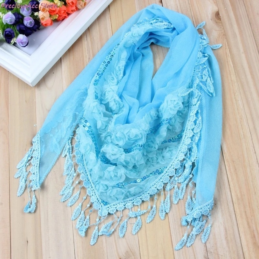 Blue Women Tassel Shawls And Scarves Silk Flower Lace Triangle Pendant